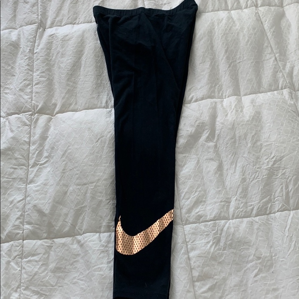 Nike Black Leggings with Metallic Copper Swoosh
